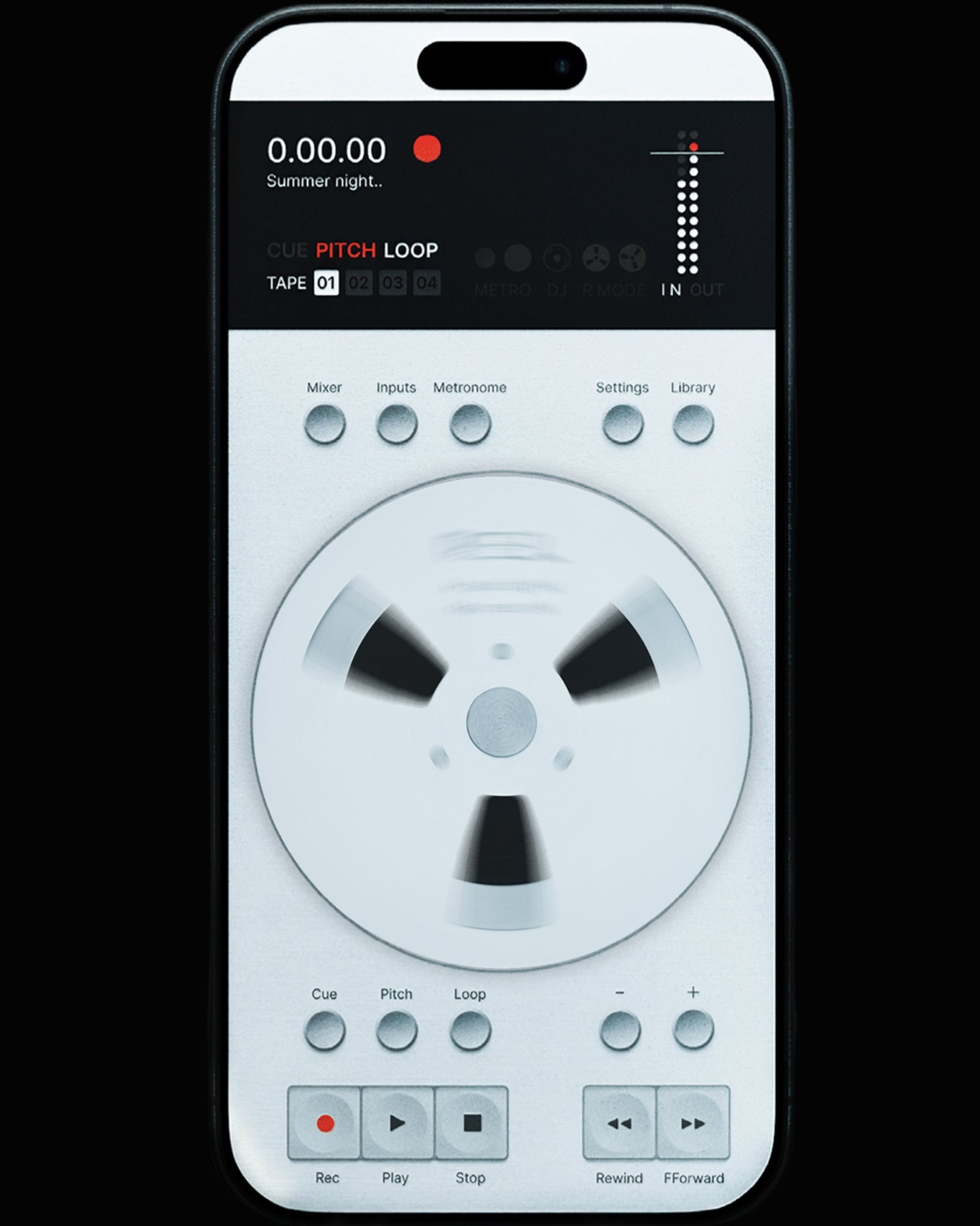 Reel iPhone app with tape-style transport, jog wheel, and 4-track display