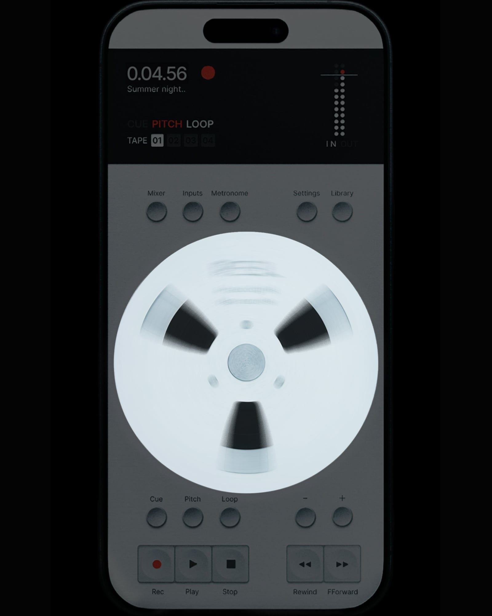 Close-up of Reel's tape-style jog wheel for tactile audio scrubbing