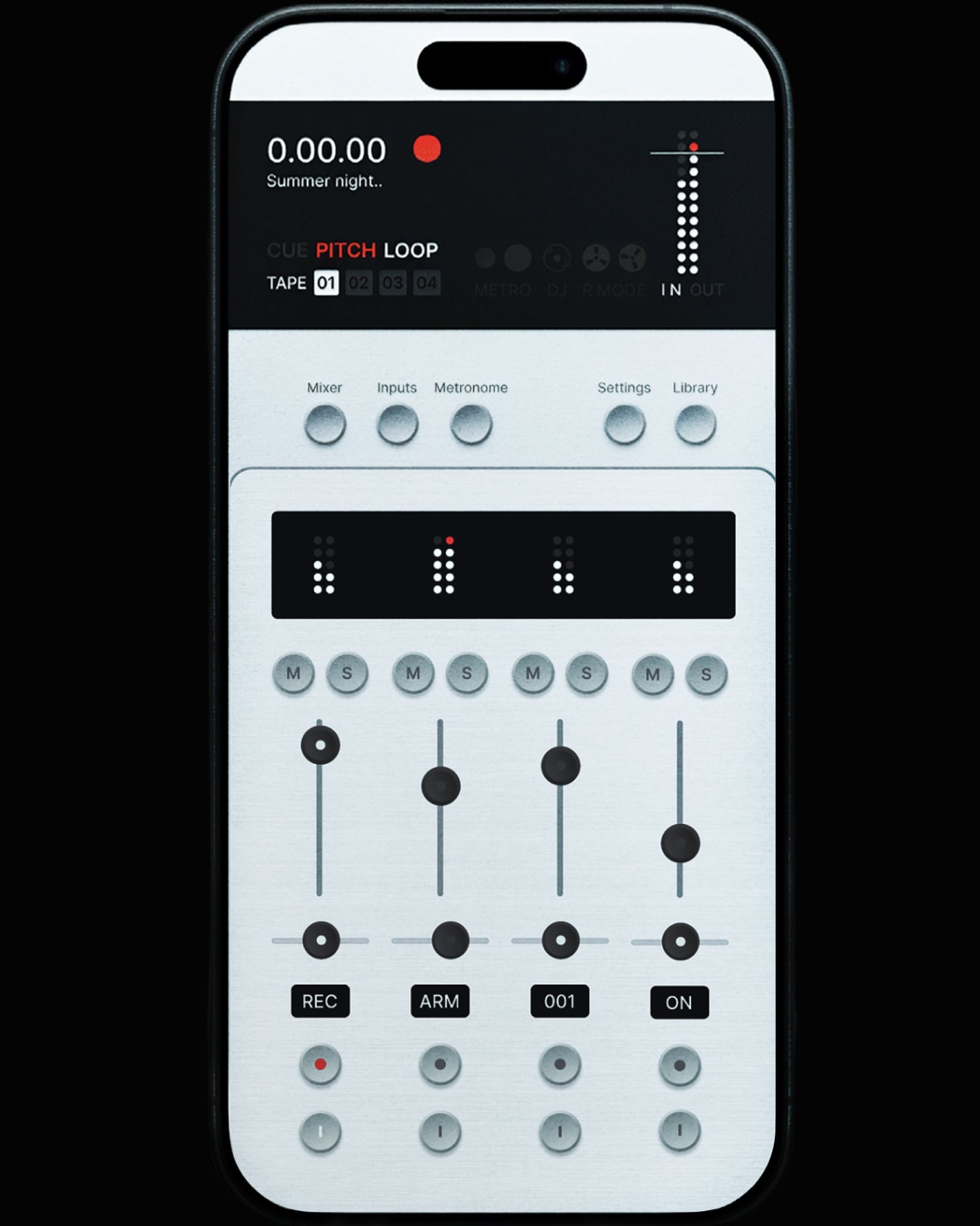 Reel's mixer with faders, pan, mute and solo per track