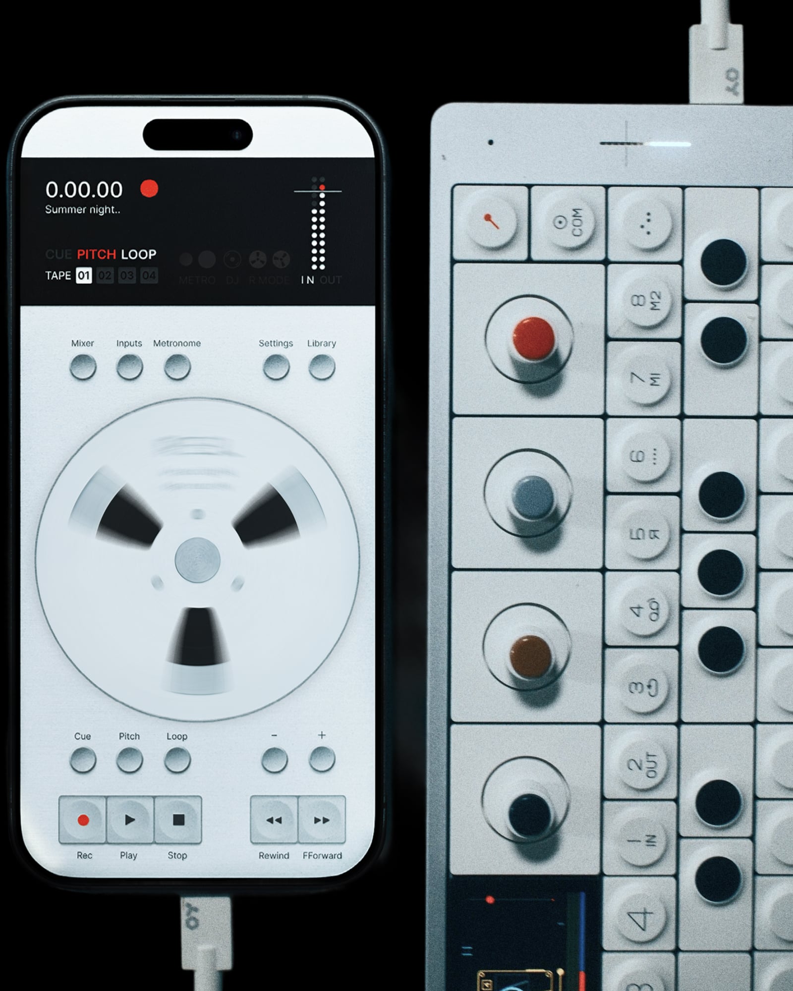 iPhone running Reel connected to a Teenage Engineering OP-1 Field via USB-C