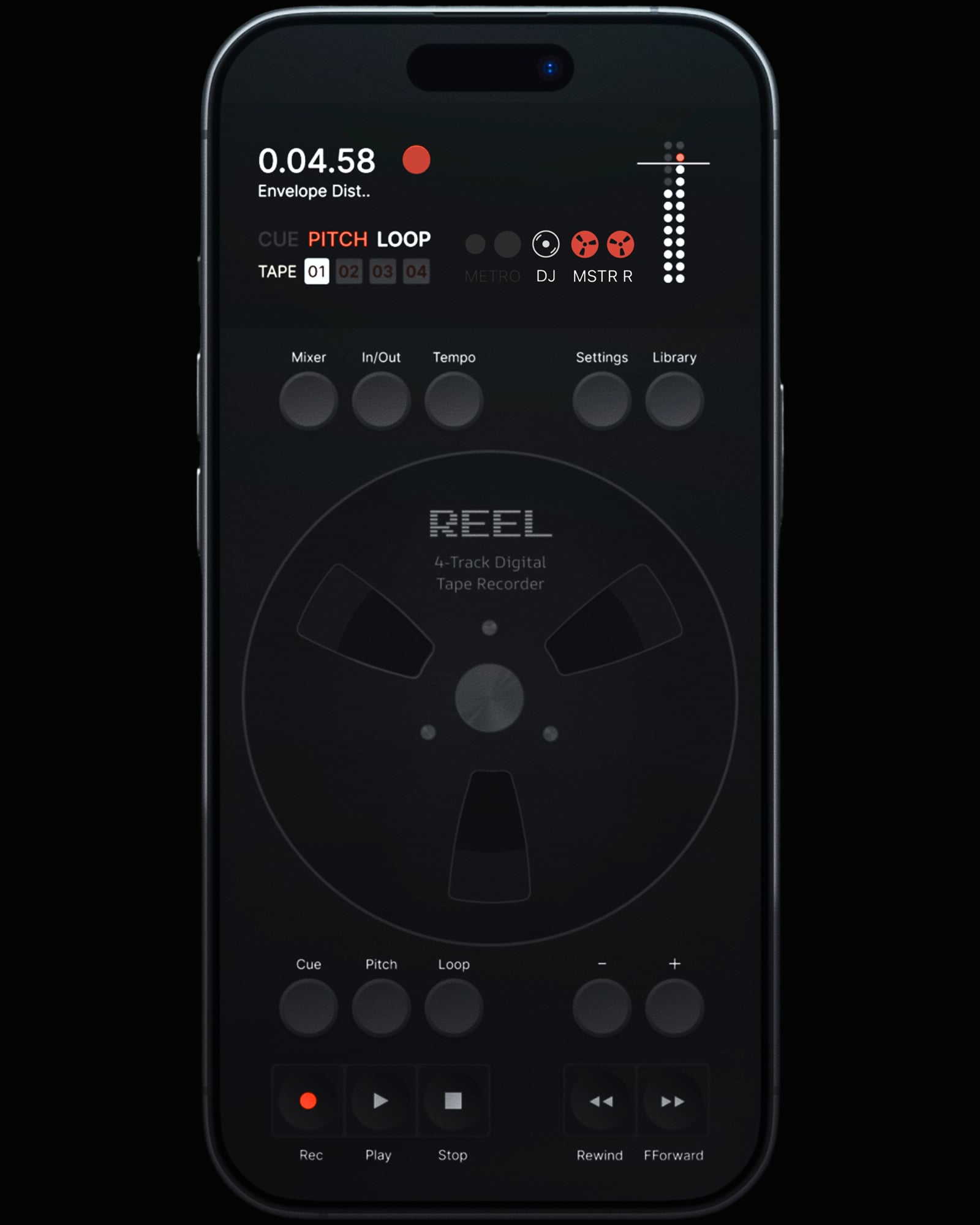 Reel in dark mode with Master Record capturing a performance