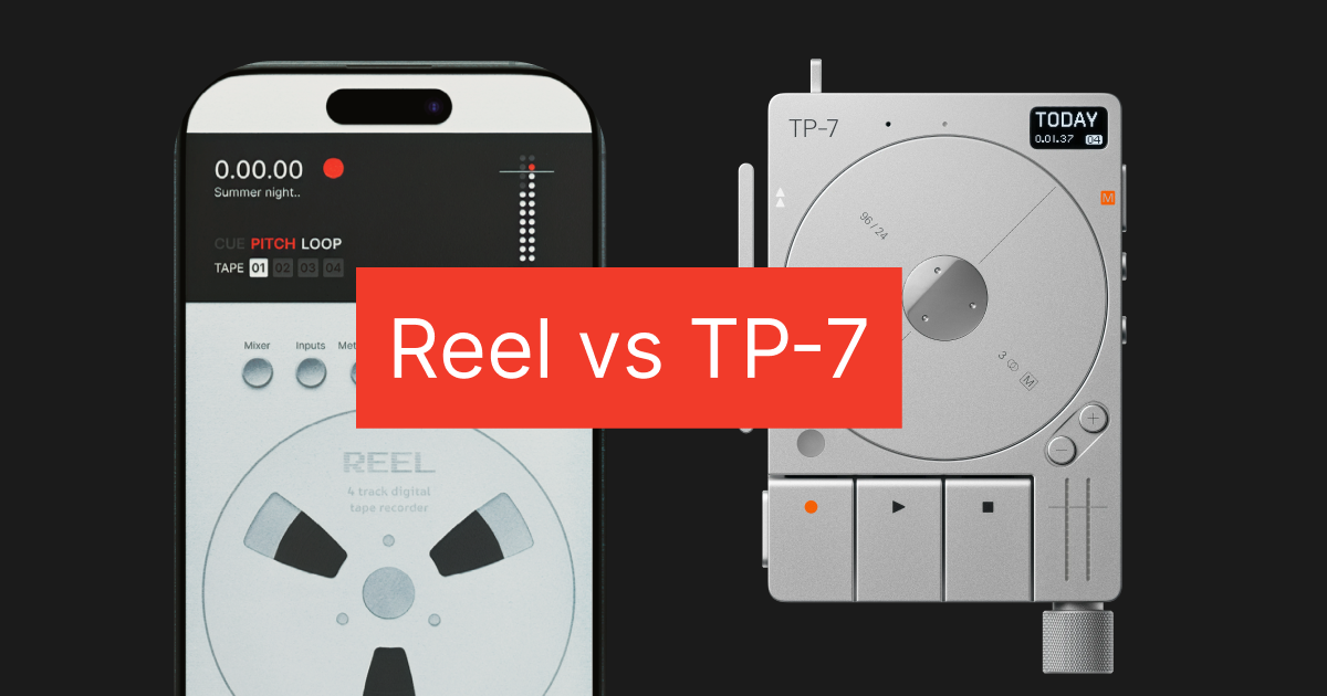 Reel, a 4-track recorder app for iPhone, compared with the Teenage Engineering TP-7 field recorder
